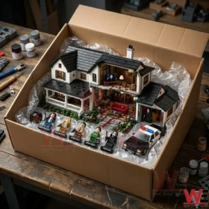 Horror movie themed modular brick house set with custom figures in a shipping box