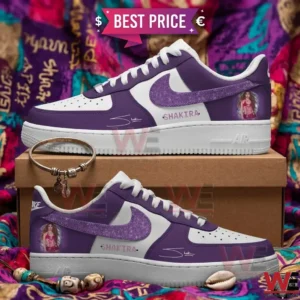 Custom Shakira themed purple and white sneakers with signature graphics