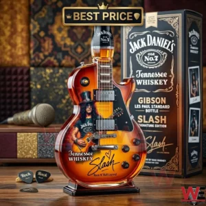 Jack Daniel's Tennessee Whiskey bottle shaped like a Gibson Les Paul guitar featuring Slash