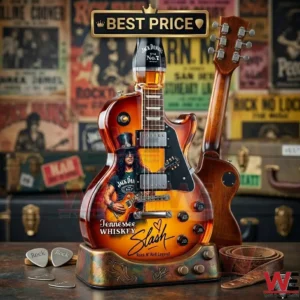 Slash themed electric guitar bottle display with rock memorabilia