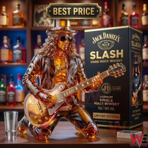 A golden, translucent figurine of Slash playing an electric guitar next to a limited edition Jack Daniel's Slash whiskey box on a bar counter.
