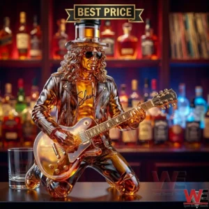 Glass sculpture of Slash playing guitar in front of a bar
