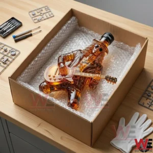 Custom guitar-shaped amber whiskey bottle sculpture of Slash in a cardboard shipping box.