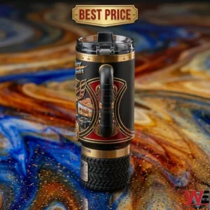 Smokey and the Bandit themed insulated metal travel mug with tire-tread base