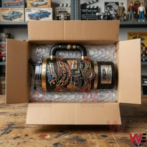 Smokey and the Bandit themed collector's edition insulated tumbler inside a cardboard shipping box.