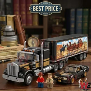 Detailed building block model of a vintage Kenworth semi-truck and black muscle car with minifigures on a desk.