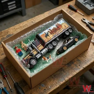 Toy semi-truck model with trailer, sports car, and minifigures in a shipping box.
