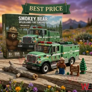Smokey Bear wildland fire engine building kit display on wooden surface