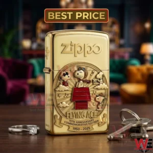 Gold Zippo 75th Anniversary lighter featuring Peanuts Flying Ace Snoopy design.