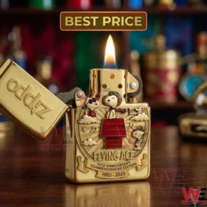 Peanuts 75th Anniversary commemorative gold Zippo lighter with Snoopy Flying Ace design