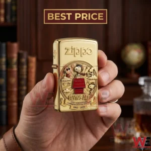 A golden Zippo lighter featuring Snoopy as the Flying Ace for a 75th anniversary commemorative edition.