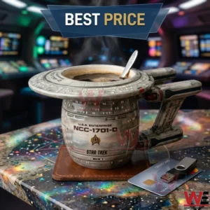 Star Trek themed mug shaped like the Enterprise ship sitting on a desk with a usb drive and credit card!