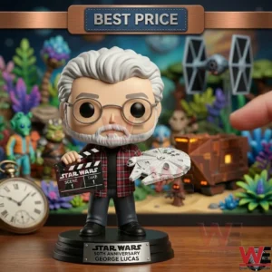 A George Lucas collectible figure holding a clapperboard and a spaceship model on a stand.