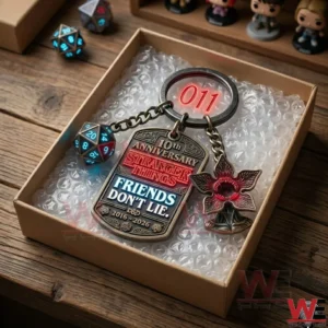 Anniversary keychain resting on bubble wrap inside a cardboard box!