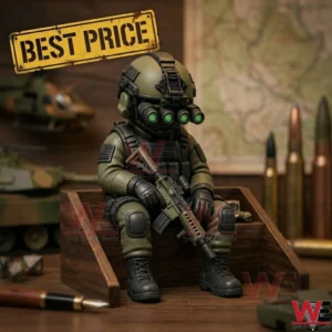 A soldier figurine with night vision goggles sits holding a rifle on a wooden display stand.