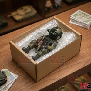 Tactical soldier action figure inside a shipping box with bubble wrap