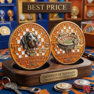Commemorative anniversary coins featuring a dog mascot and a stadium sitting in a wooden display stand!