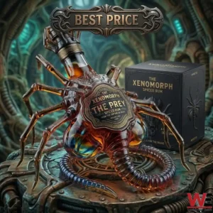 A decorative glass bottle shaped like a facehugger containing spiced rum