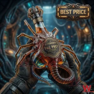 A glass bottle shaped like a facehugger containing spiced rum, held by gloved hands in a sci-fi environment.