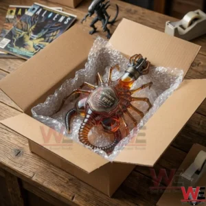 Xenomorph Facehugger shaped liquor bottle inside a shipping box