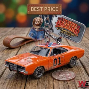 Dukes of Hazzard 47th Anniversary General Lee keychain on a wooden surface