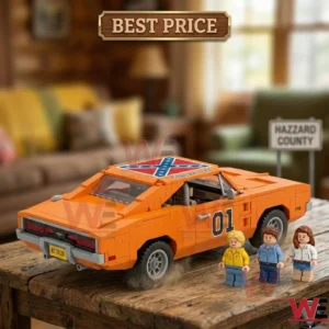Orange brick-built muscle car with three minifigures on a wooden table