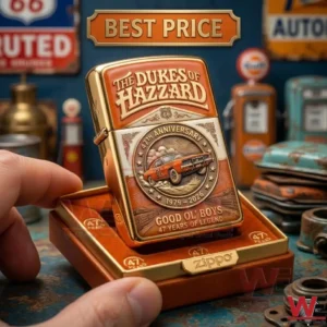 Commemorative Dukes of Hazzard 47th anniversary Zippo lighter held in hand