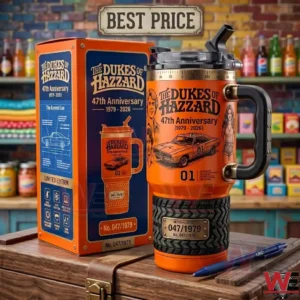 The Dukes of Hazzard 47th Anniversary orange insulated tumbler with its presentation box.