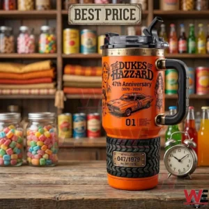Dukes of Hazzard 47th Anniversary orange insulated tumbler with tire tread design