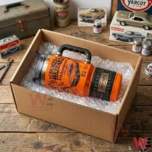 Orange Dukes of Hazzard 47th Anniversary commemorative cup in a cardboard box