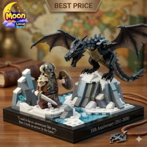 Skyrim-themed miniature building block set featuring a Dragonborn warrior and dragon on a snowy display base.