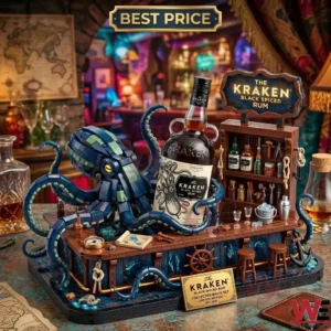 A liquor display with a toy octopus on a model bar!