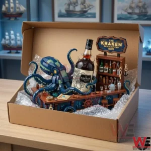 A liquor display with a toy octopus on a model bar!