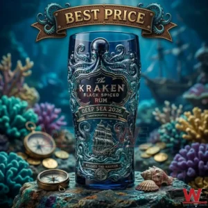 A decorative Kraken Black Spiced Rum collector glass featuring an intricate octopus and ship design.