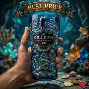 A hand holding a collectible Kraken Black Spiced Rum Deep Sea 2026 commemorative glass with octopus and ship artwork.