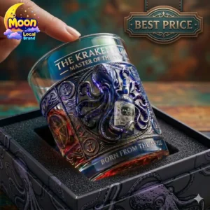 Kraken Rum themed whiskey glass with octopus relief design in a presentation box