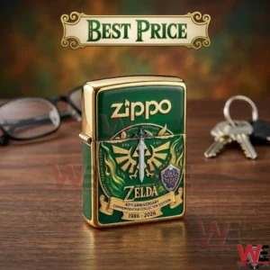 Zippo The Legend of Zelda 40th Anniversary collector lighter on a wooden desk