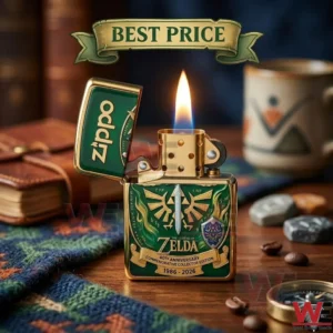 A limited edition The Legend of Zelda 40th Anniversary Zippo lighter with a flame lit on a wooden desk.