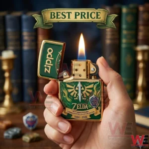 A Zippo lighter featuring The Legend of Zelda 40th anniversary branding held in a hand.