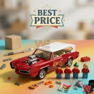 A detailed model of The Monkees' GTO car built from toy bricks accompanied by four minifigures.