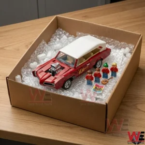 The Monkees GTO brick-built vehicle and four minifigures inside a shipping box