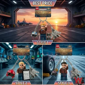 Three LEGO Top Gun keychains showing different characters and accessories are displayed in panels side by side!
