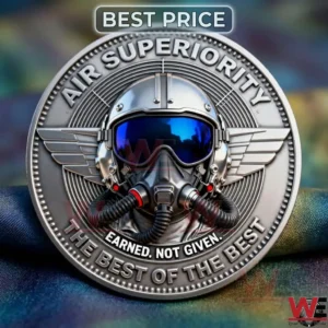 A silver fighter pilot commemorative coin with an embossed helmet and aviation slogans.