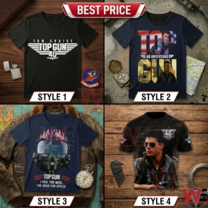 Four different Top Gun movie themed graphic t-shirts displayed on a rustic background.