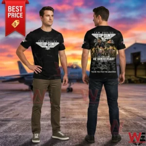 Top Gun 40th Anniversary Feel The Need Again T-Shirt 6 Man modeling a black Top Gun 40th anniversary t-shirt featuring film cast graphics.
