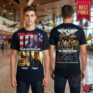 Top Gun 40th Anniversary Feel The Need Again T-Shirt 7 Front and back view of a Top Gun 40th anniversary t-shirt featuring movie cast graphics and signatures.