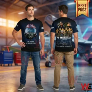 Top Gun 40th Anniversary Feel The Need Again T-Shirt 8 Man modeling a Top Gun movie anniversary themed t-shirt with a fighter pilot helmet on the front and cast collage on the back.