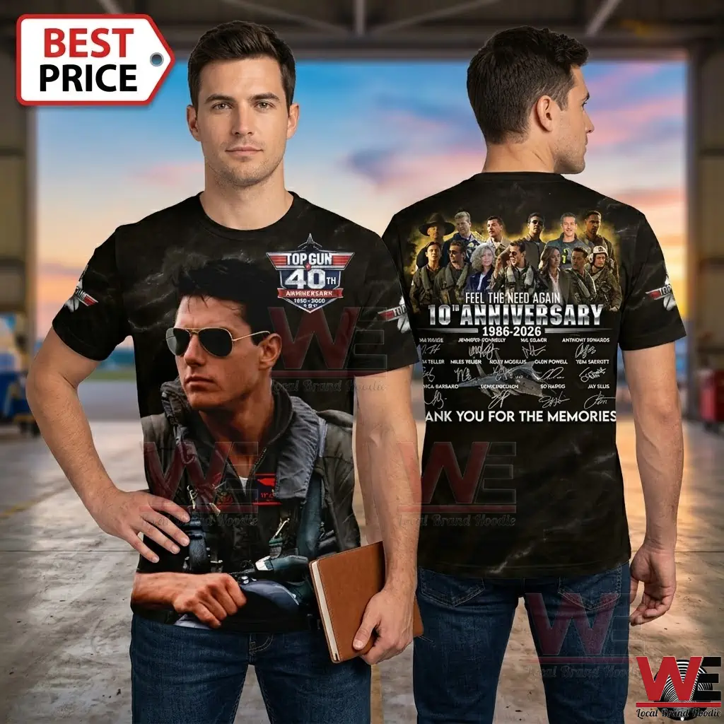 Top Gun 40th Anniversary Feel The Need Again T-Shirt 5 Man modeling a Top Gun 40th anniversary themed graphic t-shirt showing both front and back designs