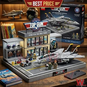A brick built fighter jet and hangar diorama with pilot figures!