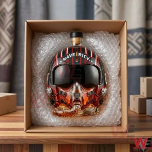 Maverick pilot helmet shaped glass liquor decanter inside a shipping box